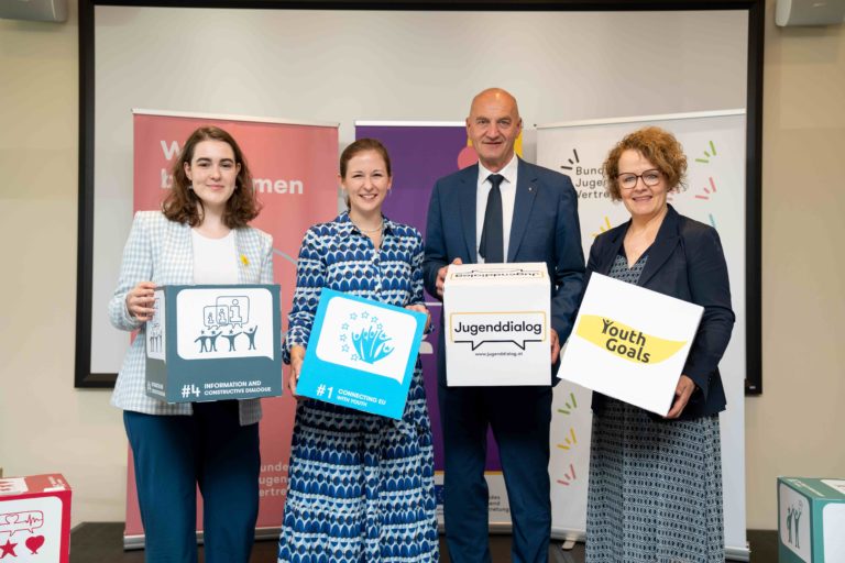 v.l.: Anna Schwabegger, Vorsitzende der Bundesjugendvertretung, Claudia Plakolm, Bundesministerin für Europa, Integration und Familie, Landesrat Christian Dörfel (Oberösterreich) und Landesrätin Christiane Teschl-Hofmeister (Niederösterreich).